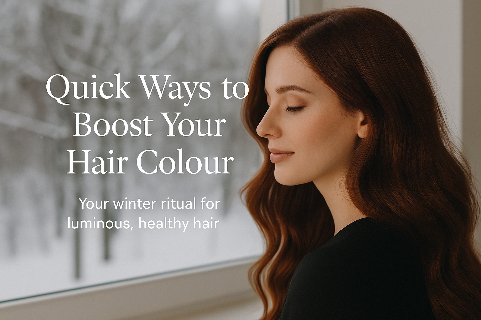 A woman with luminous auburn hair gazes peacefully out a winter window, illustrating a blog post about how to boost hair colour during the colder months.