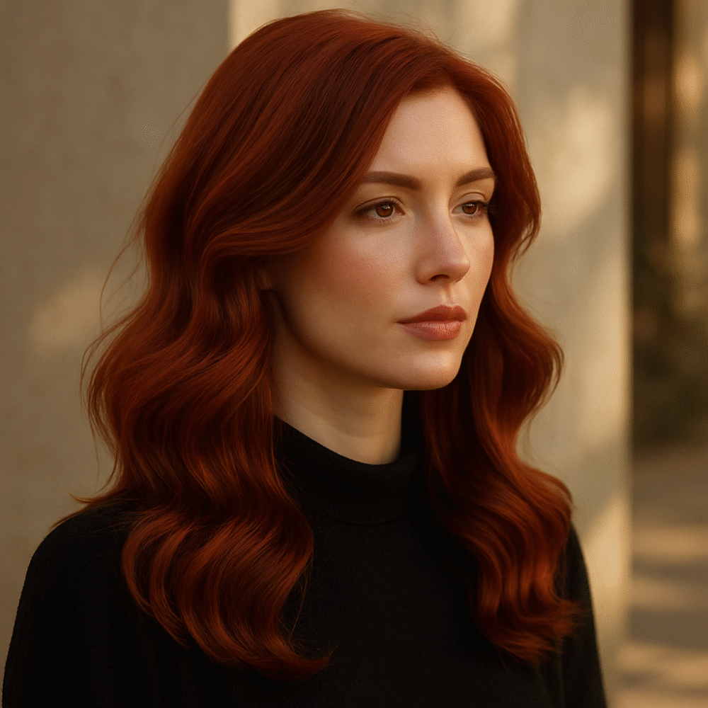 Elegant woman with rich red hair colour walking outdoors in winter, showcasing glossy, healthy hair.