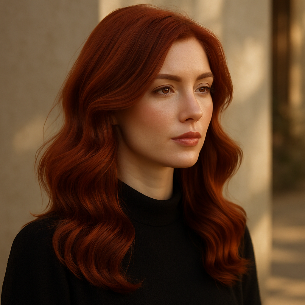 Elegant woman with rich red hair colour walking outdoors in winter, showcasing glossy, healthy hair.