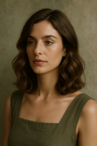 A woman with soft, shoulder-length wavy hair in a minimalist setting, wearing an olive green dress. The image evokes a natural, effortless elegance aligned with 2025 hair trends.