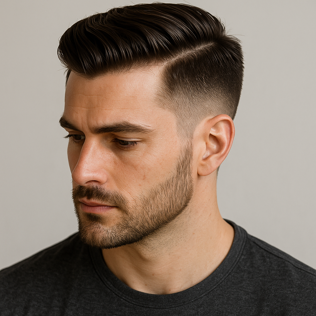 A man with a sleek undercut style, styled naturally with texture and shine