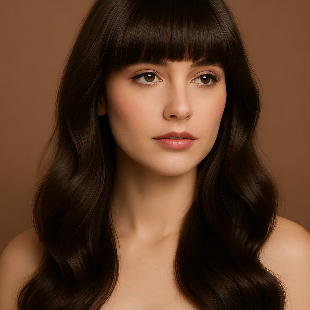 Woman with a bold, full fringe and long, glossy hair styled with soft waves