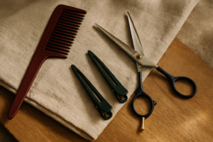 Professional hairdressing tools including precision scissors, a burgundy comb, and green clips arranged on a natural linen cloth atop a wooden surface—capturing the simplicity, elegance, and craftsmanship behind Kaizen-inspired hair education