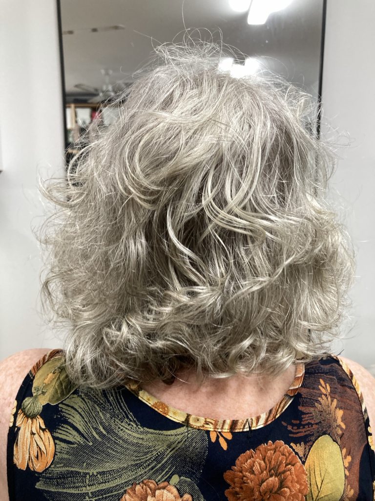 Before the curly haircut: longer silver curls viewed from the back.