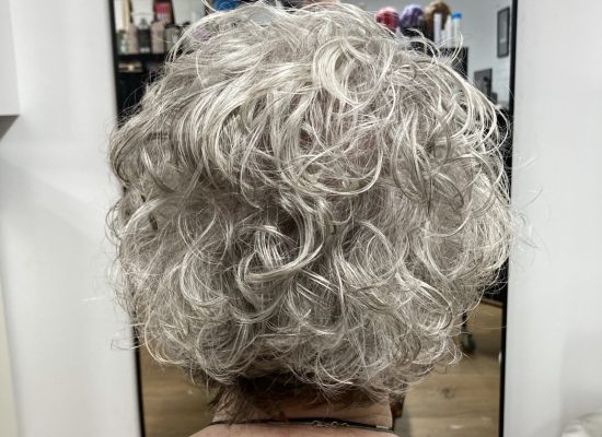 After the curly haircut: short silver curls with a compact, rounded shape, viewed from the back.